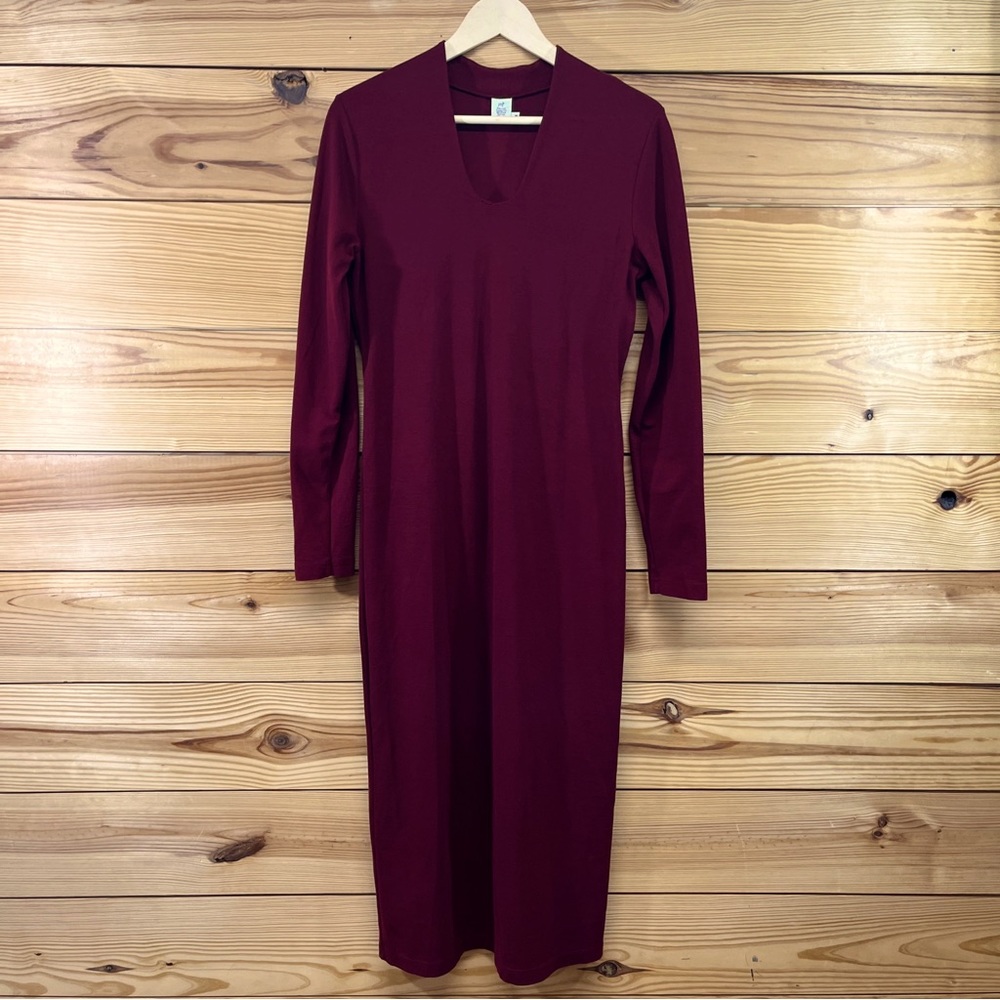 Peruvian Connection Dress Medium Burgundy LS Body Con Scoop Pima Lycra Maxi